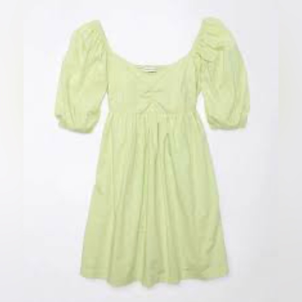 American Eagle Light Green Puff Sleeve Mini Babydoll Dress with Pockets